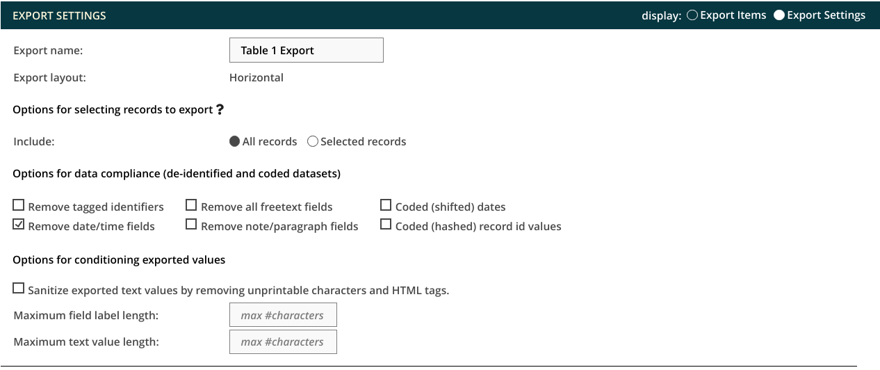 Export settings display 1 Export settings display 1