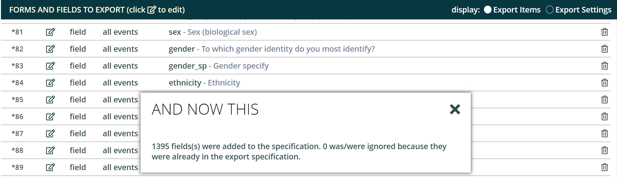 Insert one export item per field Insert one export item per field