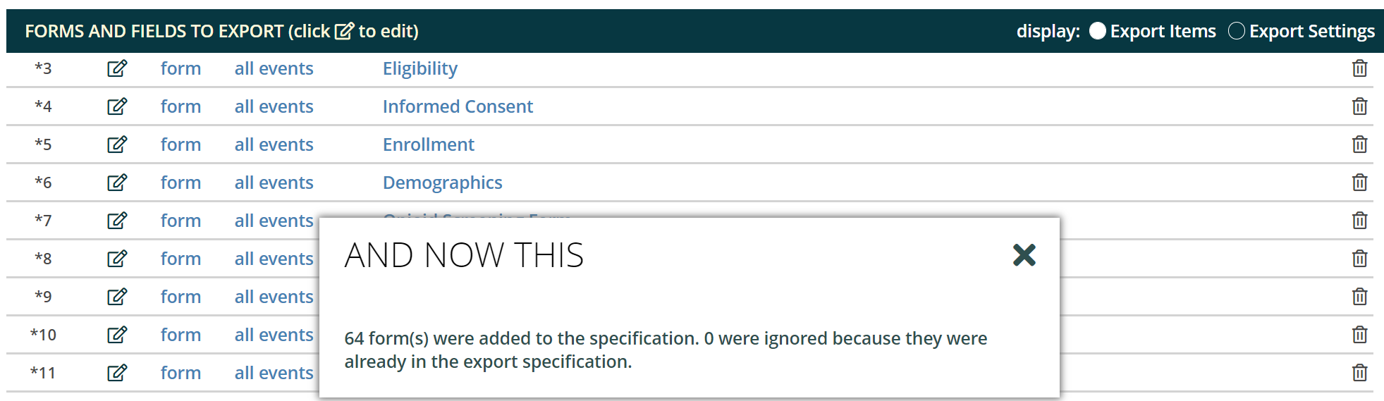 Insert one export item per form Insert one export item per form